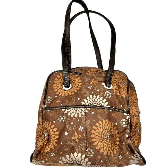 Thirty-One Shoulder Bag Brown Mandala Leather Straps Zip Closure - Picture 3 of 11